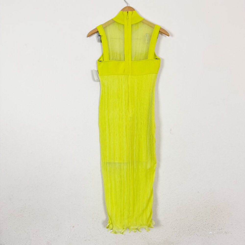 Herve Leger Layered Ribbed Tulle Stretch Knit Chartreuse Midi Dress Size Medium - Picture 6 of 8